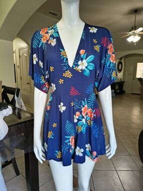 Express Navy Floral V-Neck Romper with Coral and Teal Accents